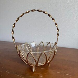 Mid-Century Atomic Brass & Glitter Acrylic Bowl, Twisted Handle Stand